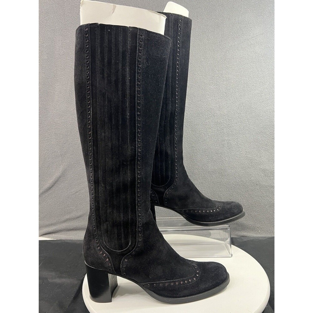 Testoni Italian Tall Pull On Boots Suede Wingtip Black Womens Size 10 EU 40 EUC